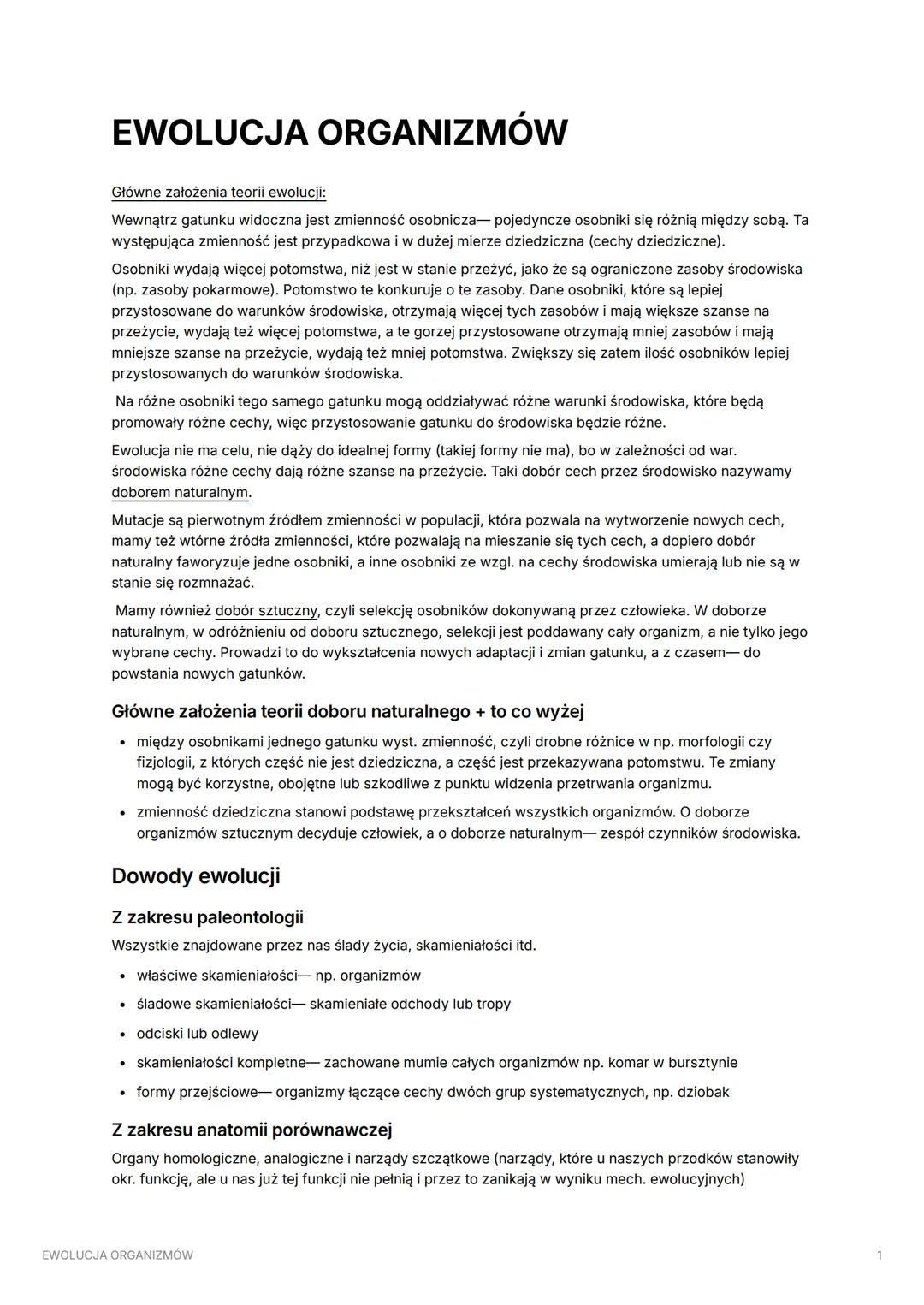 # EWOLUCJA ORGANIZMÓW

## Główne założenia teorii ewolucji:

Wewnątrz gatunku widoczna jest zmienność osobnicza pojedyncze osobniki się różn