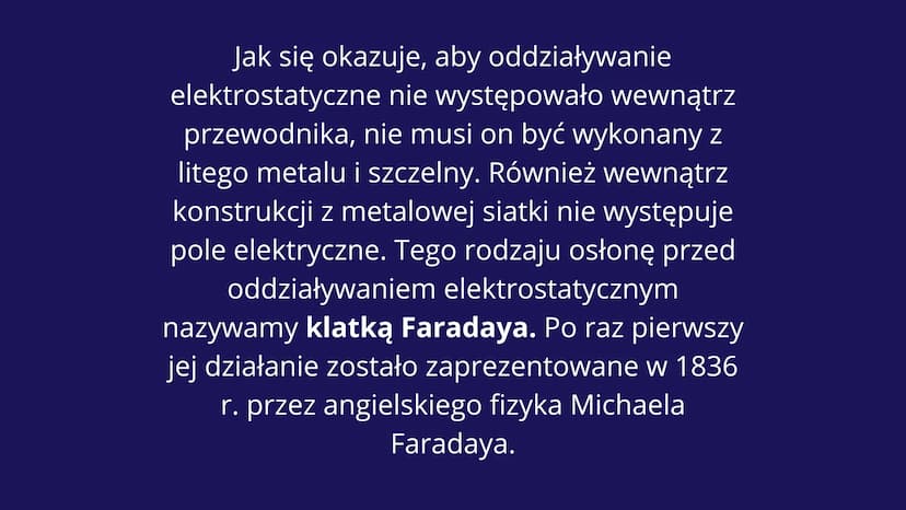 KLATKA
FARADAYA WIEMY, ŻE W PRZEWODNIKU ELEKTRYCZNYM ZNAJDUJĄ SIĘ
SWOBODNE ELEKTRONY, KTÓRE MOGĄ SIĘ W NIM PRZEMIESZCZAĆ.
WIEMY RÓWNIEŻ, ŻE 