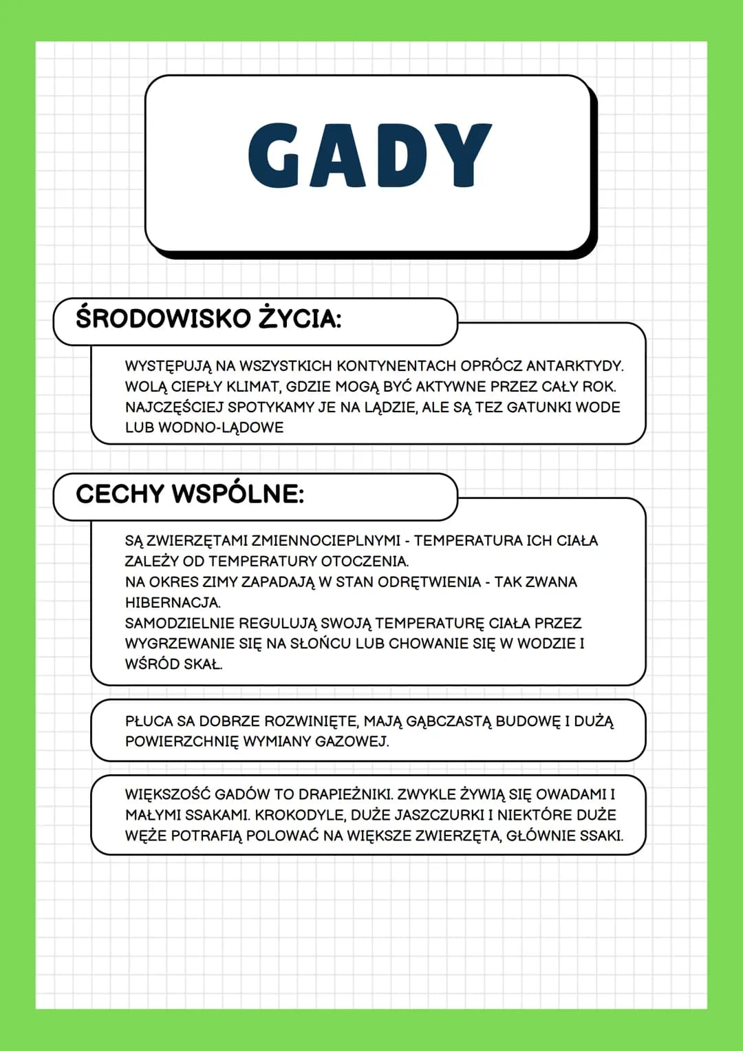 GADY
ŚRODOWISKO ŻYCIA:
WYSTĘPUJĄ NA WSZYSTKICH KONTYNENTACH OPRÓCZ ANTARKTYDY.
WOLĄ CIEPŁY KLIMAT, GDZIE MOGĄ BYĆ AKTYWNE PRZEZ CAŁY ROK.
NA