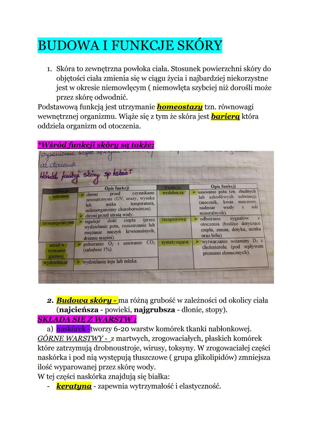 BUDOWA I FUNKCJE SKÓRY
1. Skóra to zewnętrzna powłoka ciała. Stosunek powierzchni skóry do
objętości ciała zmienia się w ciągu życia i najba