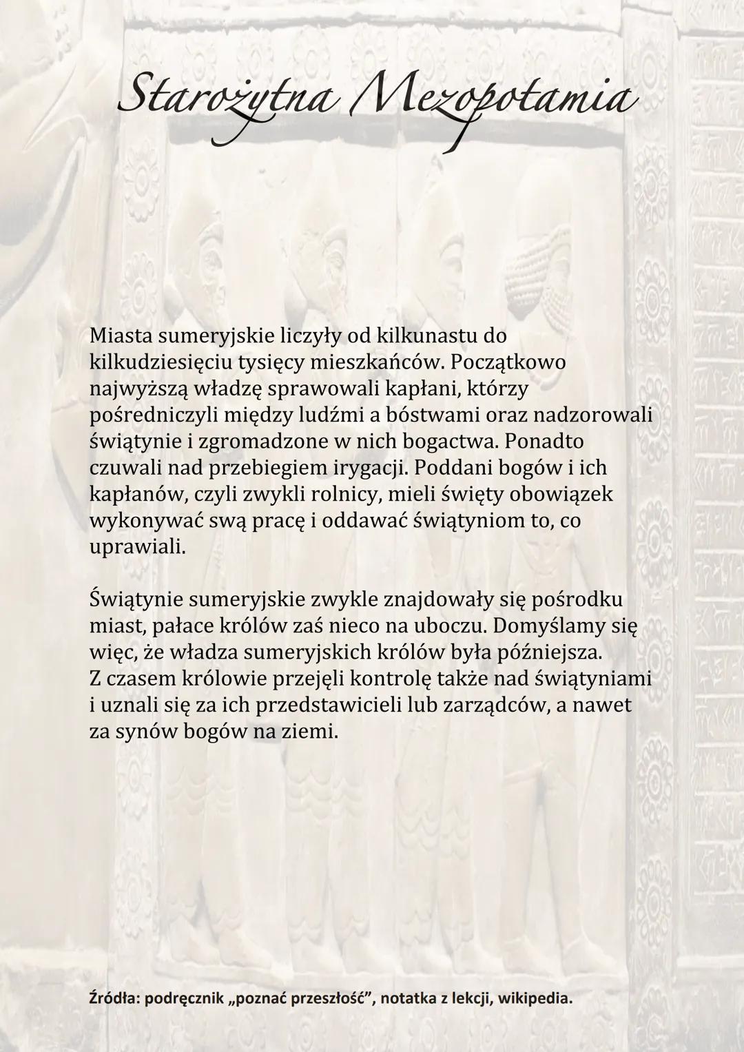 Starożytna Mezopotamia
W gorącej i suchej Mezopotamii deszcz był rzadkością,
a same wylewy rzek nie wystarczały do nawodnienia
wszystkich pó