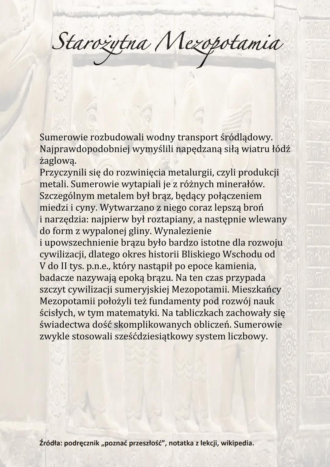 Starożytna Mezopotamia
W gorącej i suchej Mezopotamii deszcz był rzadkością,
a same wylewy rzek nie wystarczały do nawodnienia
wszystkich pó