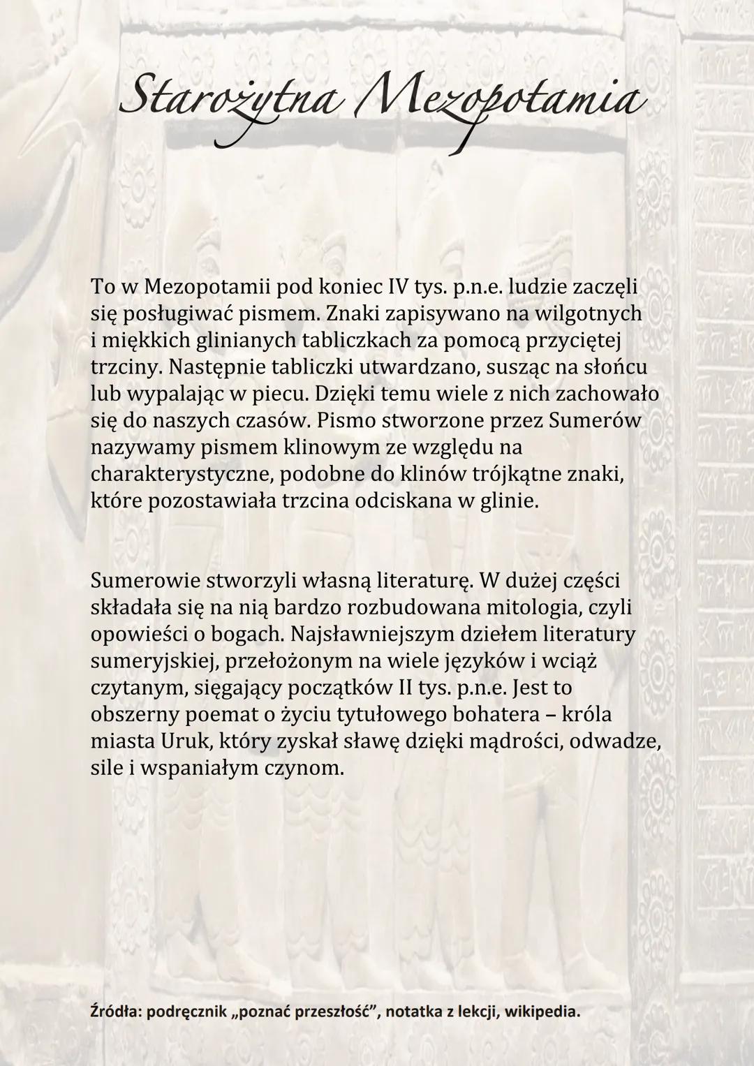 Starożytna Mezopotamia
W gorącej i suchej Mezopotamii deszcz był rzadkością,
a same wylewy rzek nie wystarczały do nawodnienia
wszystkich pó