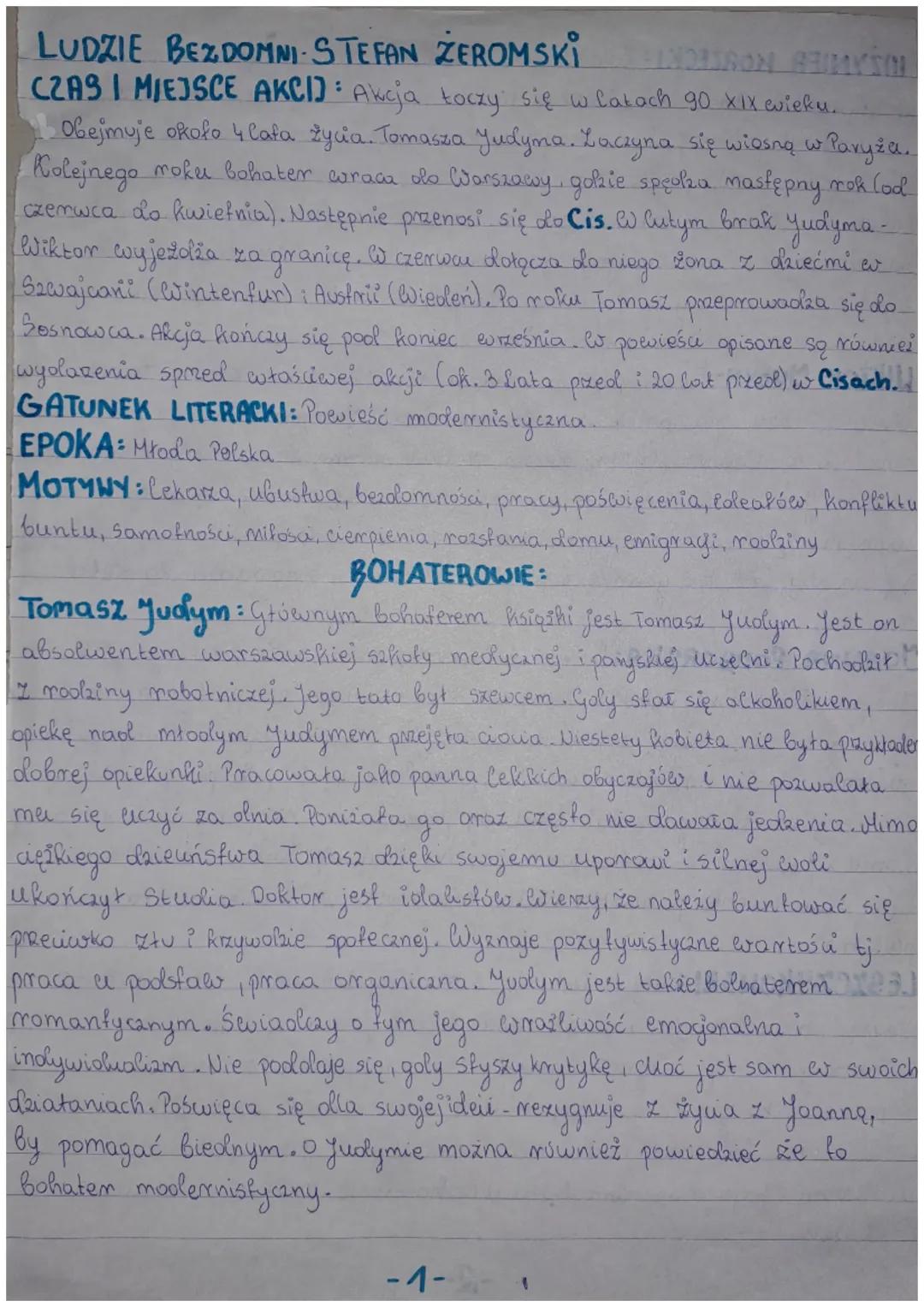# LUDZIE BEZDOMNI STEFAN ZEROMSKI
CZAS I MIEJSCE AKCI): Akcja toczy się w latach 90 XIX wieku.

Obejmuje około 4 lata życia. Tomasza Yudyma.