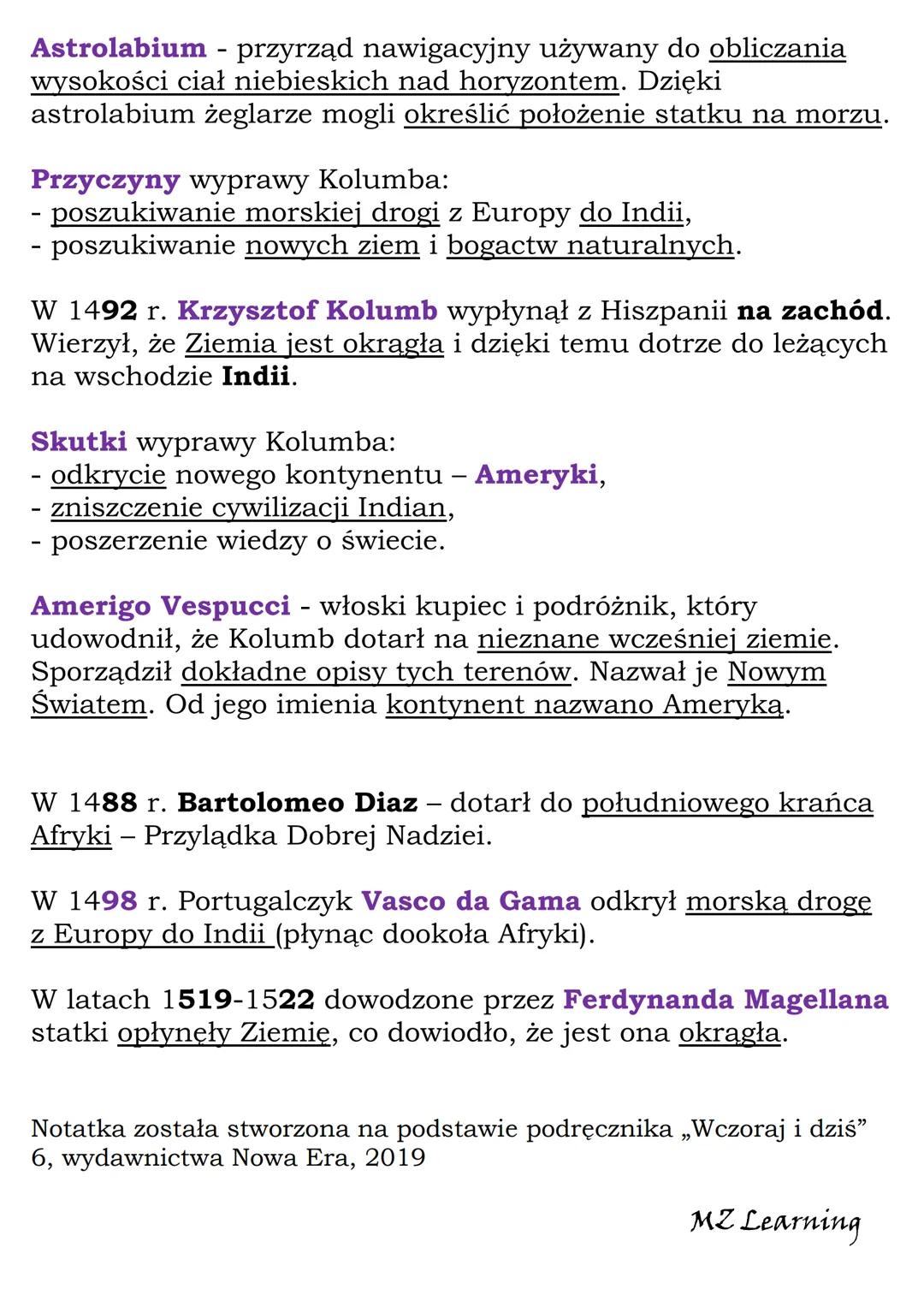 Wielkie odkrycia
geograficzne
Kl 6, NE
1492 - odkrycie Ameryki przez Krzysztofa Kolumba
1498 - odkrycie drogi morskiej do Indii przez Vasco 