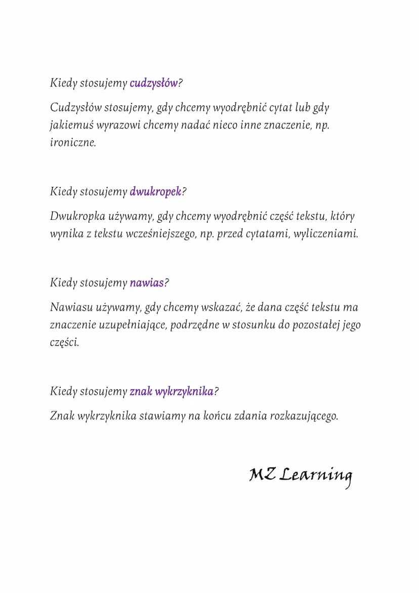 Interpunkcja
Podstawowe znaki interpunkcyjne stosowane w języku polskim to:
kropka, przecinek, znak zapytania, cudzysłów, dwukropek, nawias 
