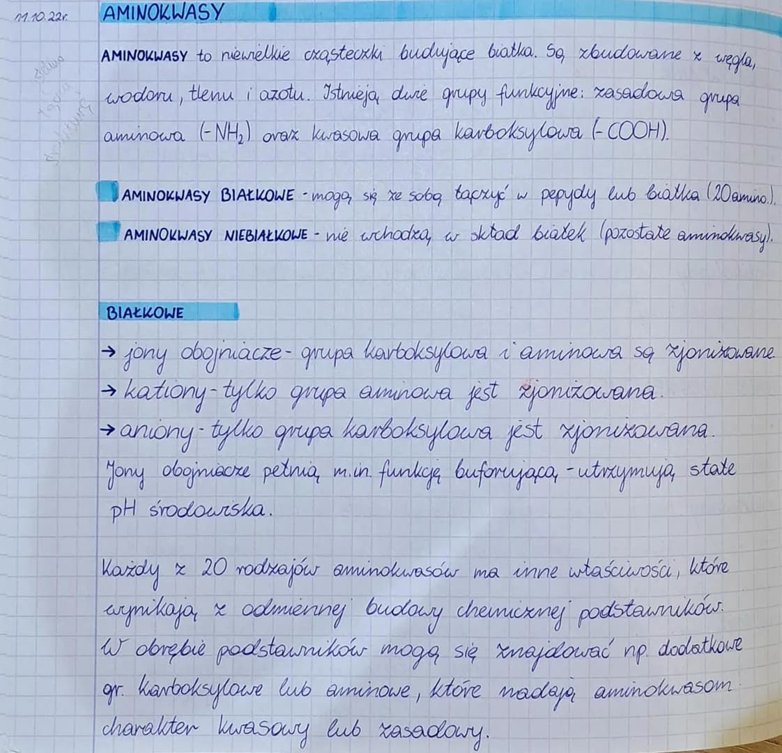 11.10.22r
Stelina
AMINOKWASY
AMINOKWASY to niewielkie cząsteczki budujące białka. So, zbudowane x węgla,
wodoru, tlenu i azotu. Istnieją duż