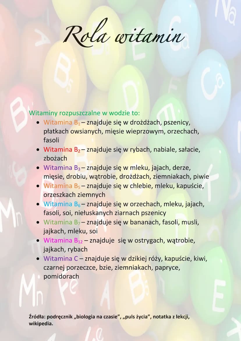 B
Rola witamin
Cd
Witaminy to grupa związków chemicznych, która jest
niezbędna do prawidłowego funkcjonowania żywego
organizmu. Witaminy wpł