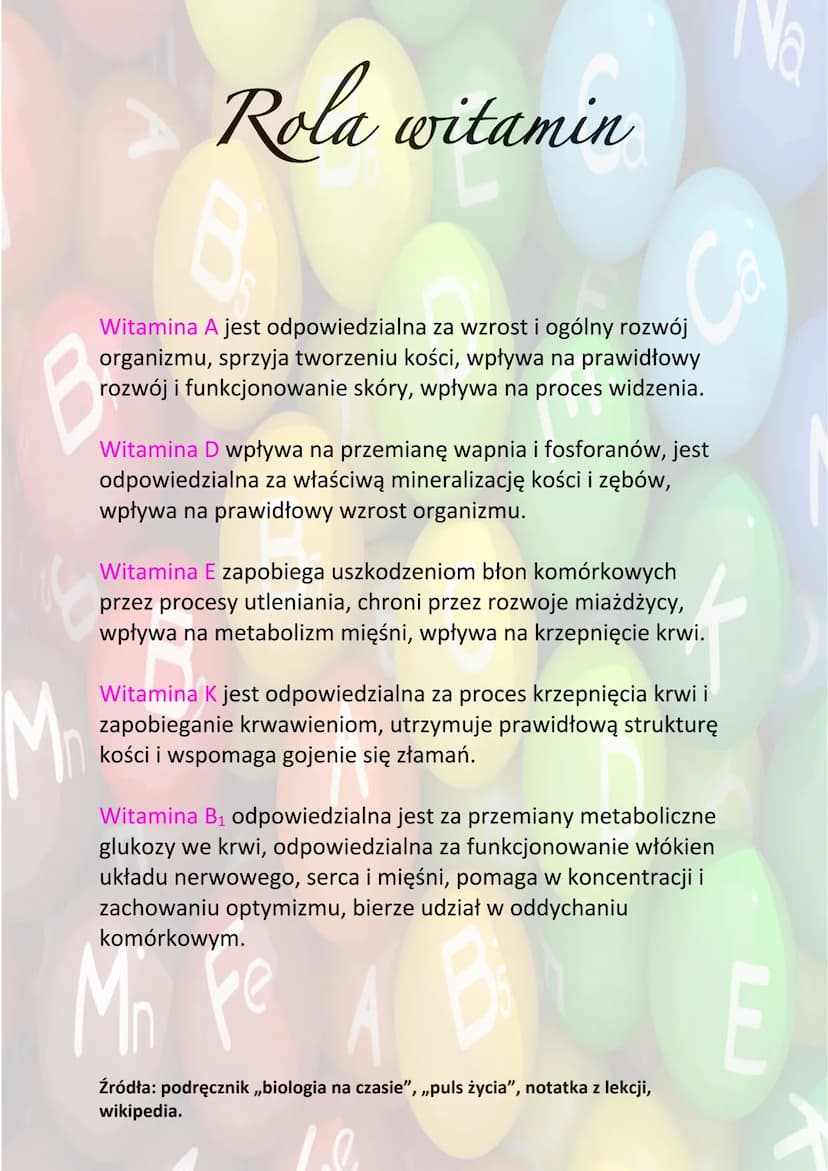 B
Rola witamin
Cd
Witaminy to grupa związków chemicznych, która jest
niezbędna do prawidłowego funkcjonowania żywego
organizmu. Witaminy wpł
