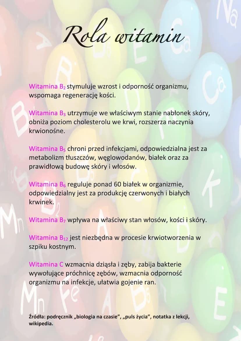 B
Rola witamin
Cd
Witaminy to grupa związków chemicznych, która jest
niezbędna do prawidłowego funkcjonowania żywego
organizmu. Witaminy wpł