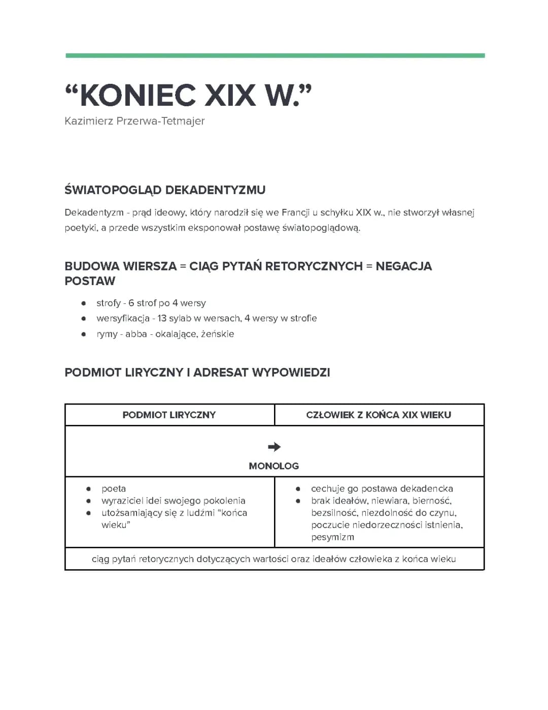 Kazimierz Przerwa-Tetmajer "Koniec XIX wieku"