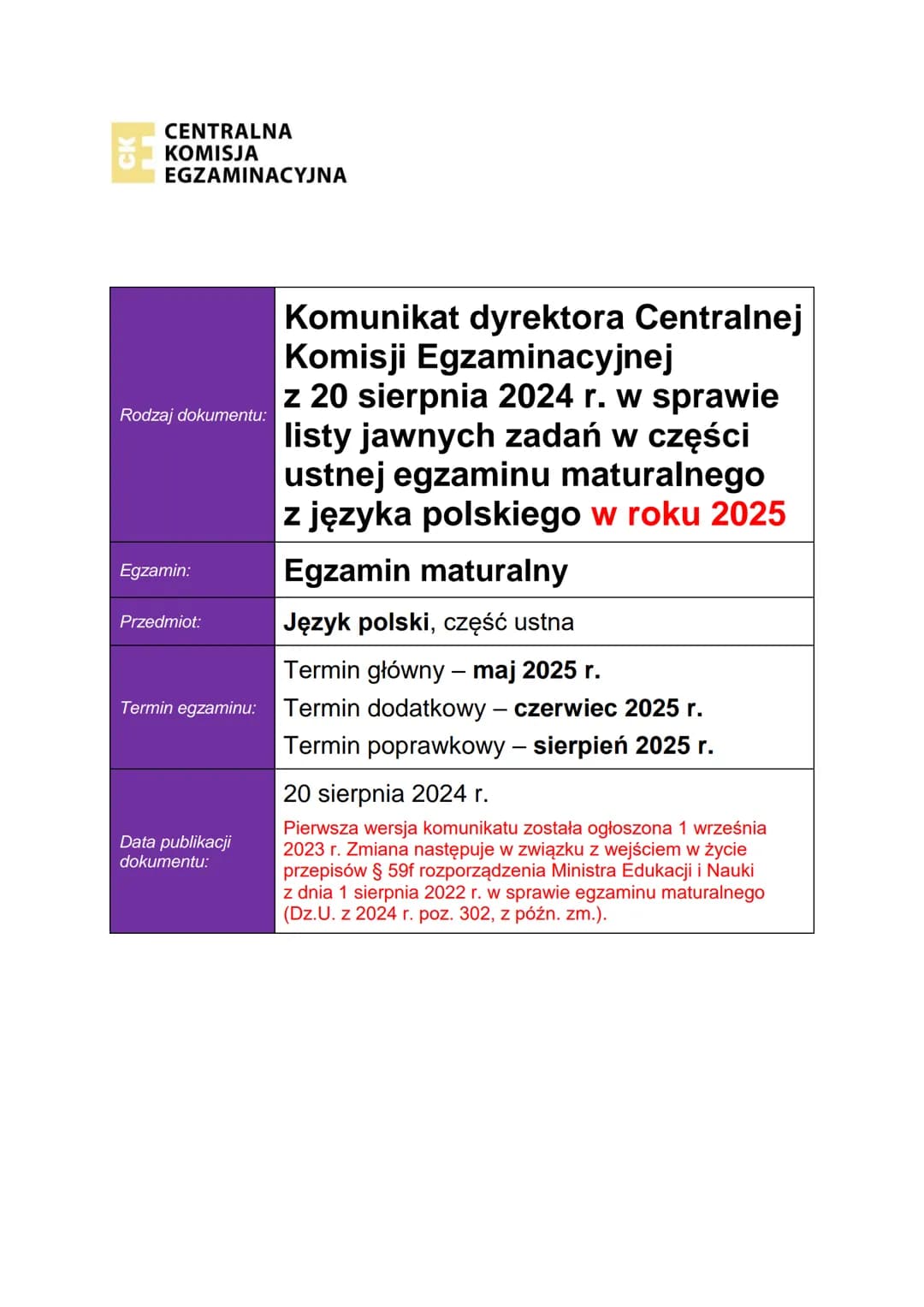 CENTRALNA
KOMISJA
EGZAMINACYJNA
Rodzaj dokumentu:
Egzamin:
Przedmiot:
Komunikat dyrektora Centralnej
Komisji Egzaminacyjnej
z 20 sierpnia 20