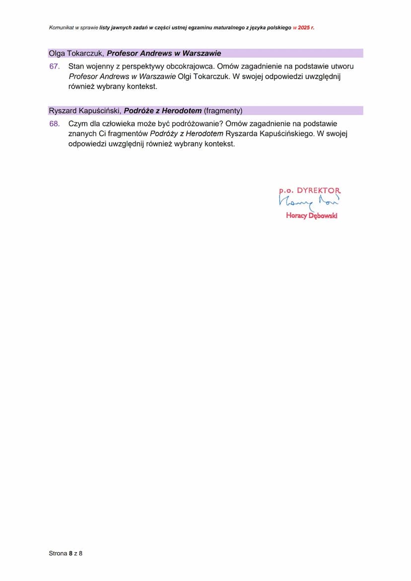 CENTRALNA
KOMISJA
EGZAMINACYJNA
Rodzaj dokumentu:
Egzamin:
Przedmiot:
Komunikat dyrektora Centralnej
Komisji Egzaminacyjnej
z 20 sierpnia 20