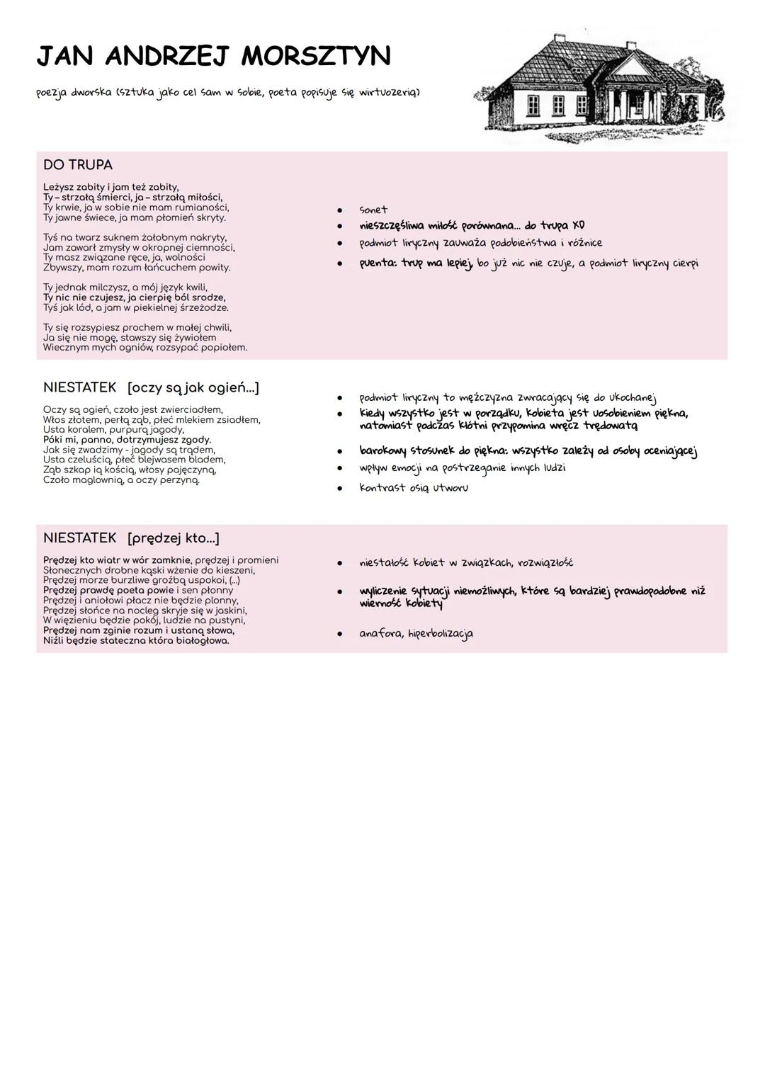# JAN ANDRZEJ MORSZTYN
poezja dworska (sztuka jako cel sam w sobie, poeta popisuje się wirtuozeriq)

# DO TRUPA
Leżysz zabity i jam też zabi