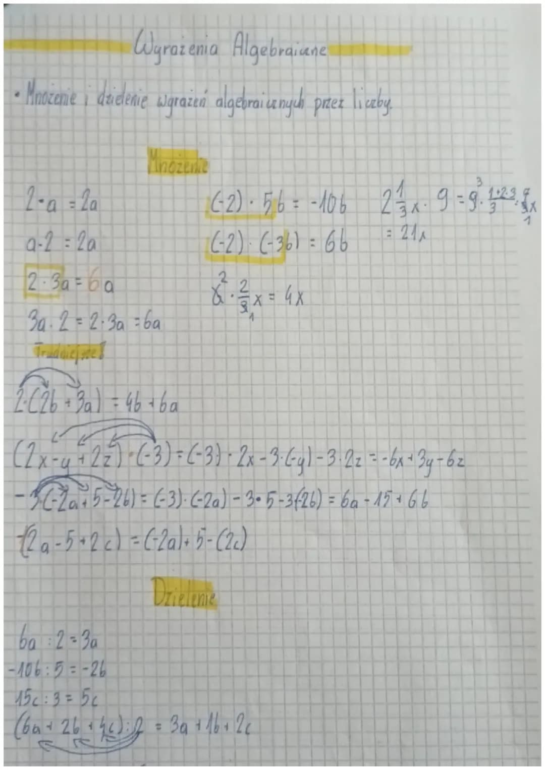 Wyrażenia Algebraicane
•
Mnożenie i dzielenie wgrazeń algebraicznych przez liczby.
Množenie
2-a = 2a
a-2 = 2a
2-3a²6a
3a-2=2.3a=6a
3
1
((-2)