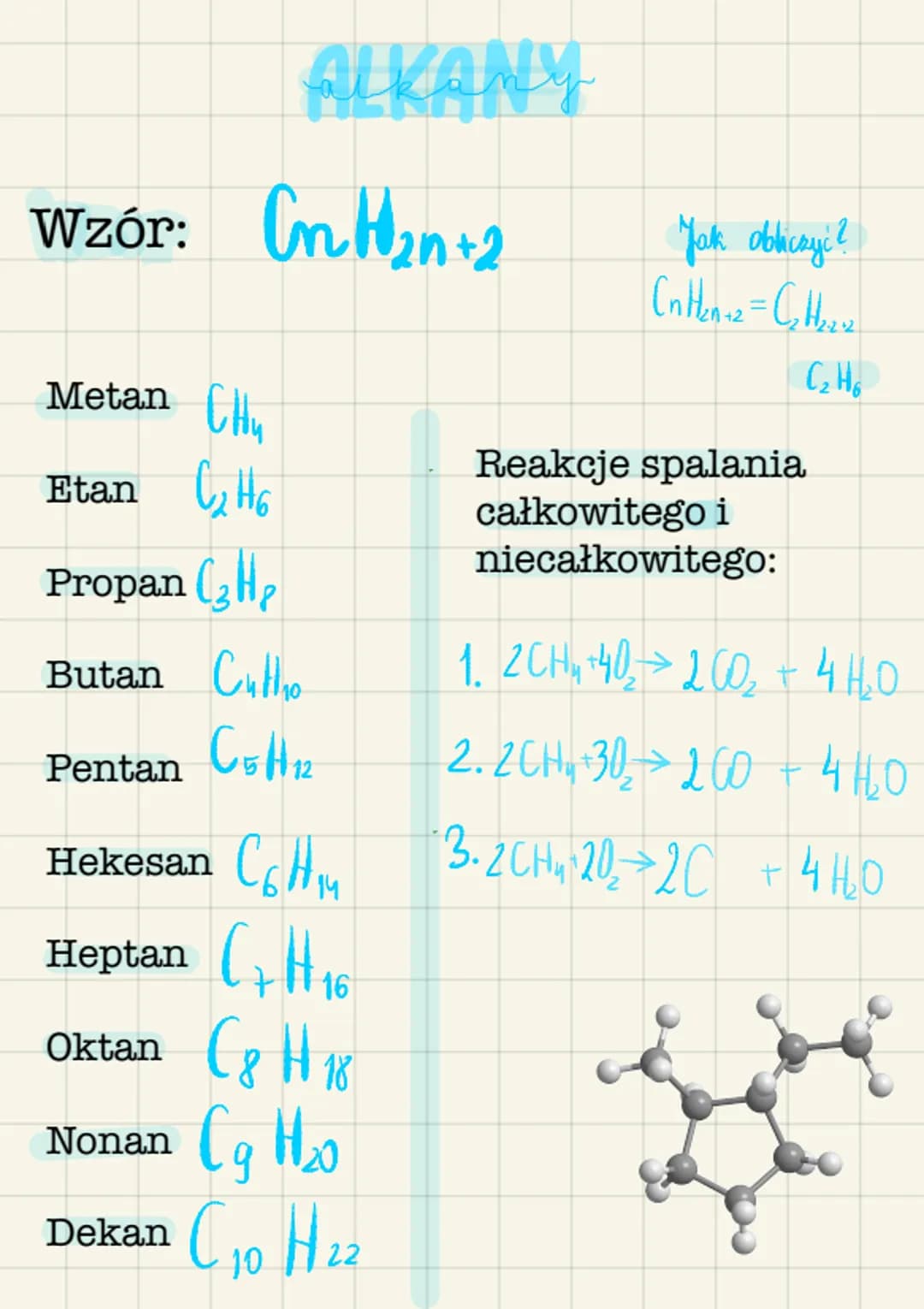 Wzór: CnH₂n+2
ALKANY
Metan
CH₂
Etan C₂H6
Propan (₂₂
Butan Co
C5 A 1₁2
Pentan
Hekesan CH₁
Heptan ( H 16
+
Oktan C g H 18
C q H₂o
Nonan
C ₁0 H