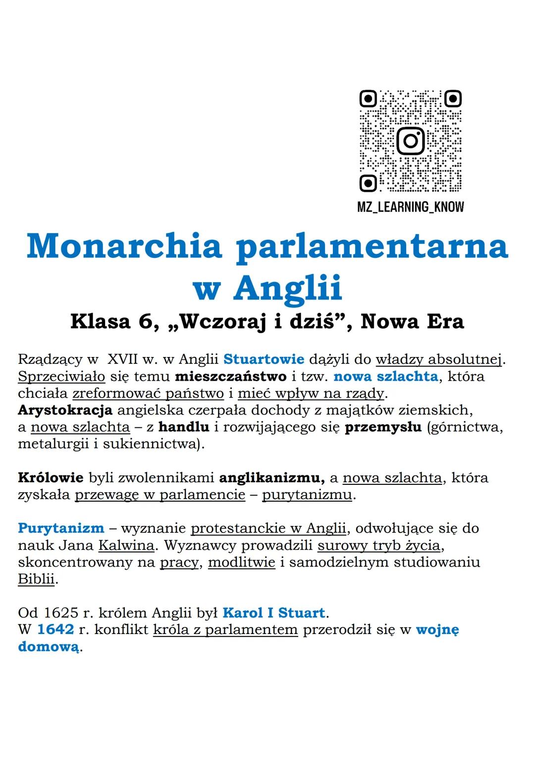 MZ_LEARNING_KNOW

# Monarchia parlamentarna
w Anglii

Klasa 6, „Wczoraj i dziś", Nowa Era

Rządzący w XVII w. w Anglii Stuartowie dążyli do 
