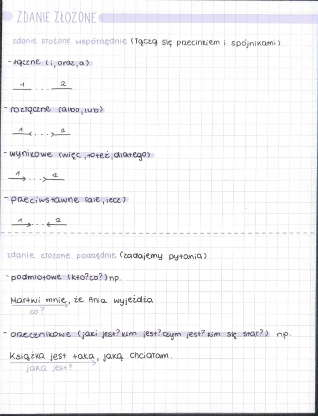 Zdanie pojedyncze i złożone

wypowiedzenie

zdania

zdania
pojedyncze
(jedno oneczenie)
zdania złożone
(dwa lub więcej oneczeń)
równoważnik 