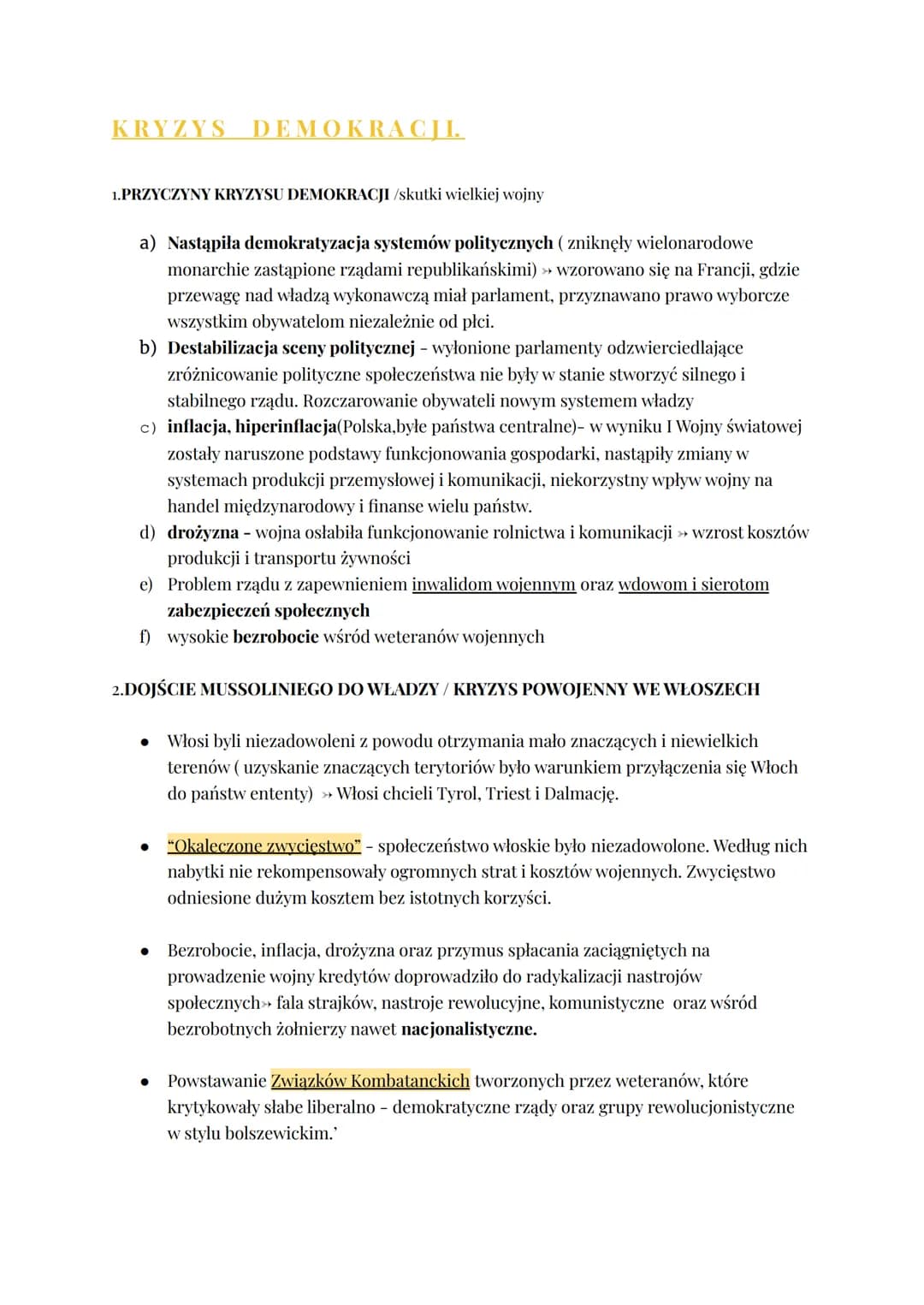 KRYZYS DEMOKRACJI.
1.PRZYCZYNY KRYZYSU DEMOKRACJI /skutki wielkiej wojny
a) Nastąpiła demokratyzacja systemów politycznych (zniknęły wielona