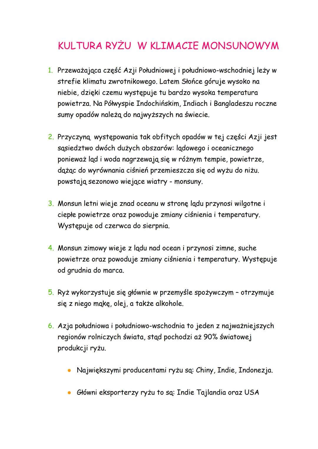 KULTURA RYŻU  W KLIMACIE MONSUNOWYM