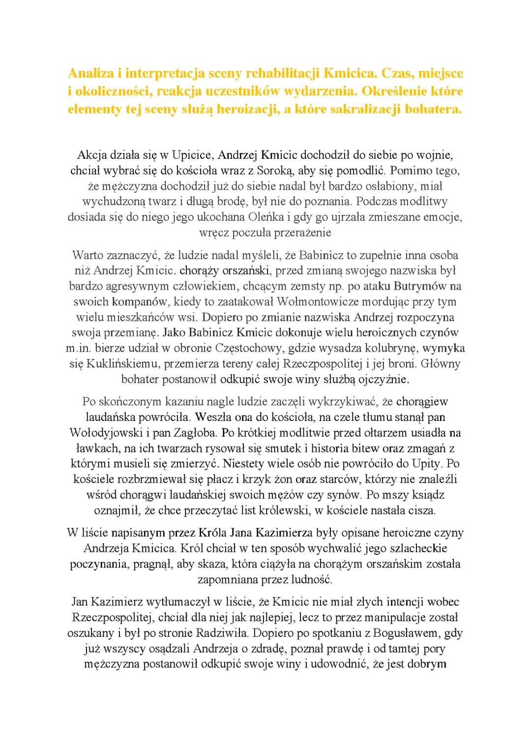 List rehabilitacyjny Kmicica i Potop: Bohaterskie czyny i scena w kościele