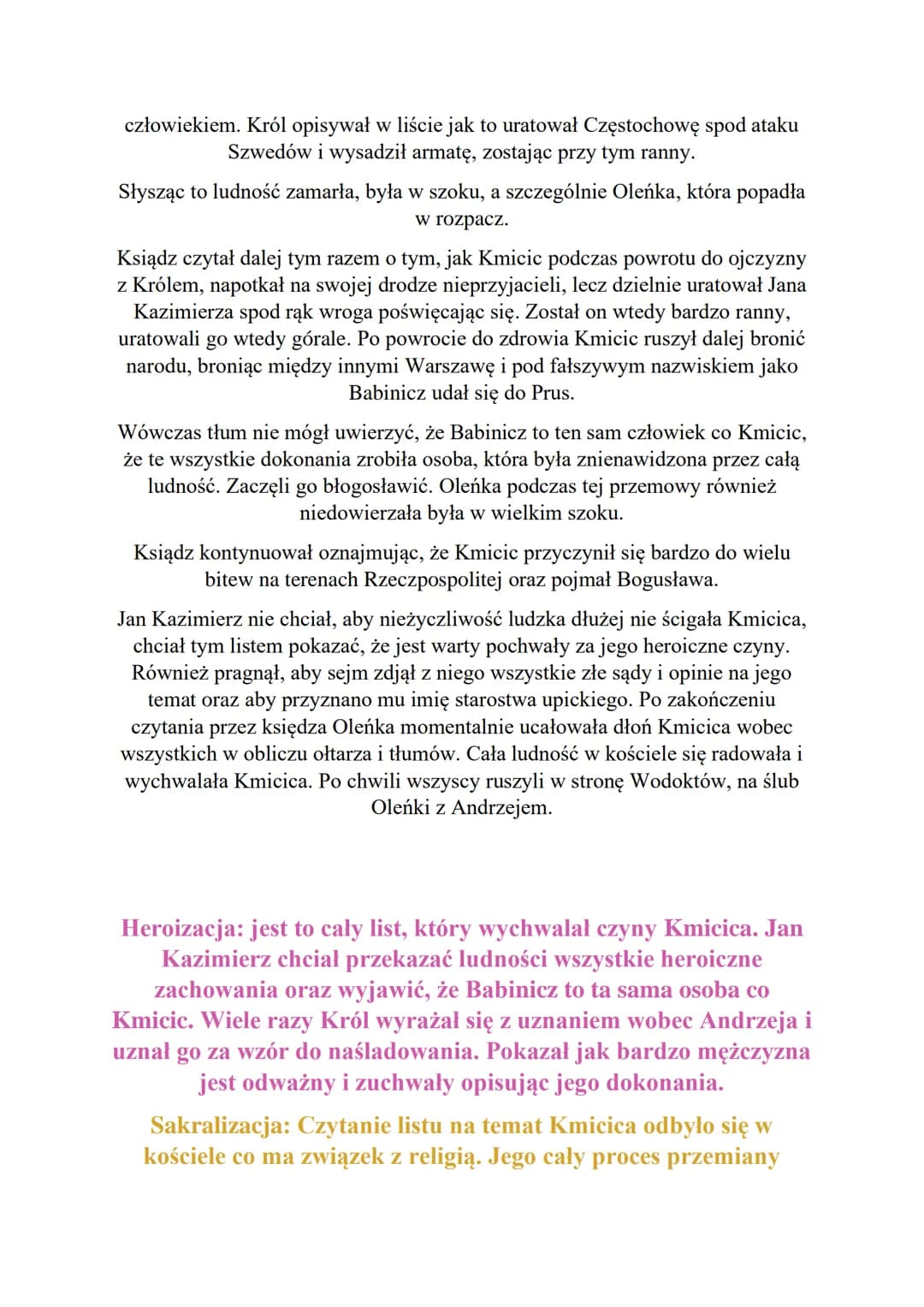 Analiza i interpretacja sceny rehabilitacji Kmicica. Czas, miejsce
i okoliczności, reakcja uczestników wydarzenia. Określenie które
elementy