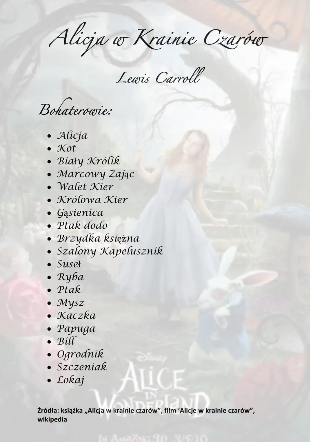 Alicja
Bohaterowie:
Alicja
• Kot
●
● Walet Kier
• Królowa Kier
• Gąsienica
• Ptak dodo
●
Biały Królik
Marcowy Zając
Brzydka księżna
• Szalon