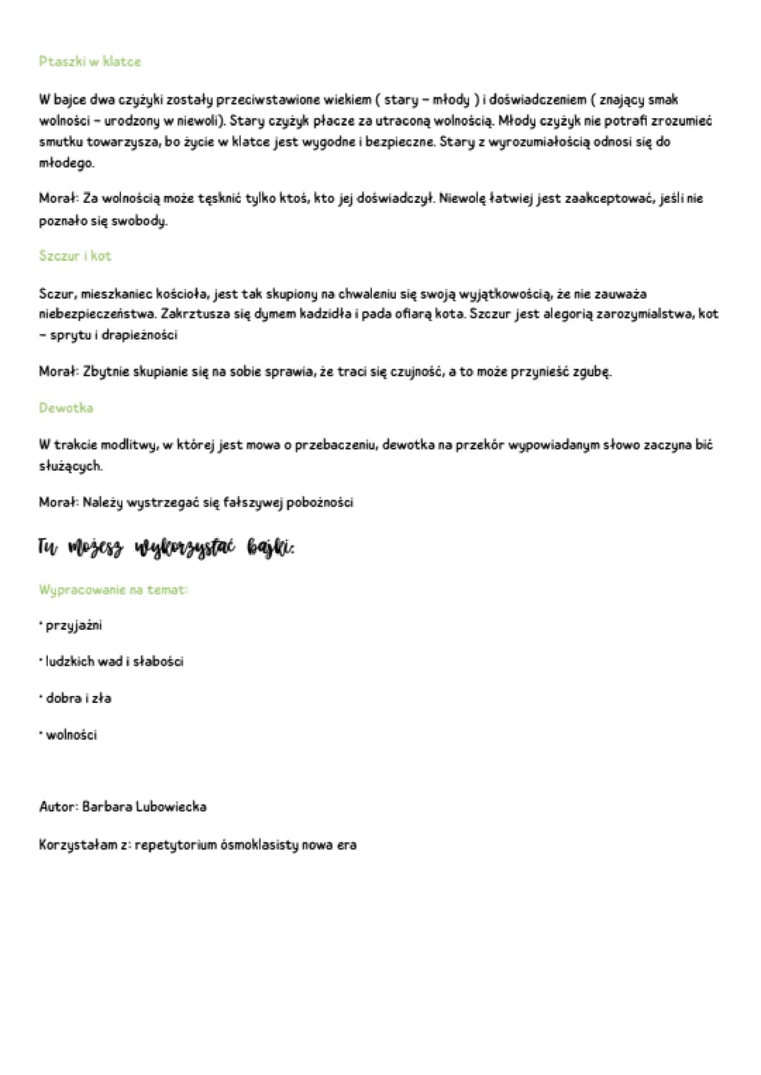 IGNACY KRASICKI
Bajki (wlybir)
to charakteryzuje bajkę?
* jest pisana wierszem
* ma charakter dydaktyczny
bohaterowie to ludzie lub zwierzęt