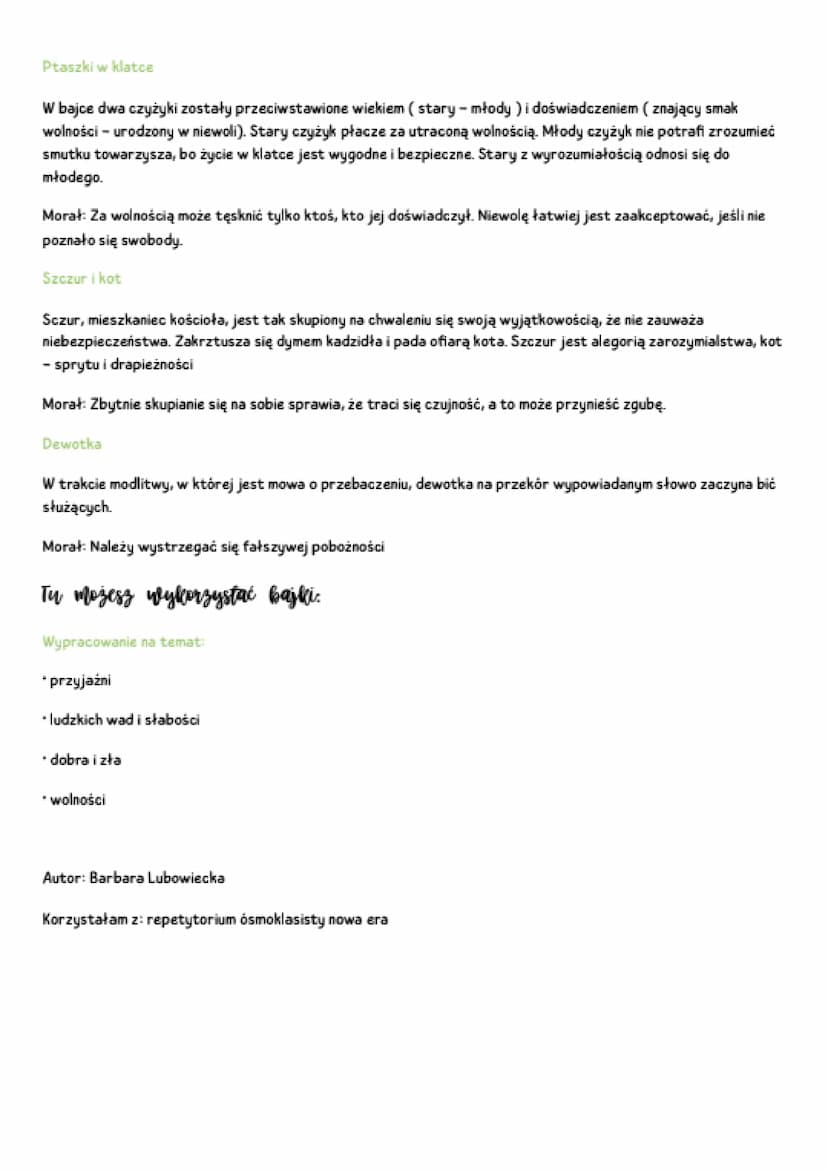 IGNACY KRASICKI
Bajki (wlybir)
to charakteryzuje bajkę?
* jest pisana wierszem
* ma charakter dydaktyczny
bohaterowie to ludzie lub zwierzęt