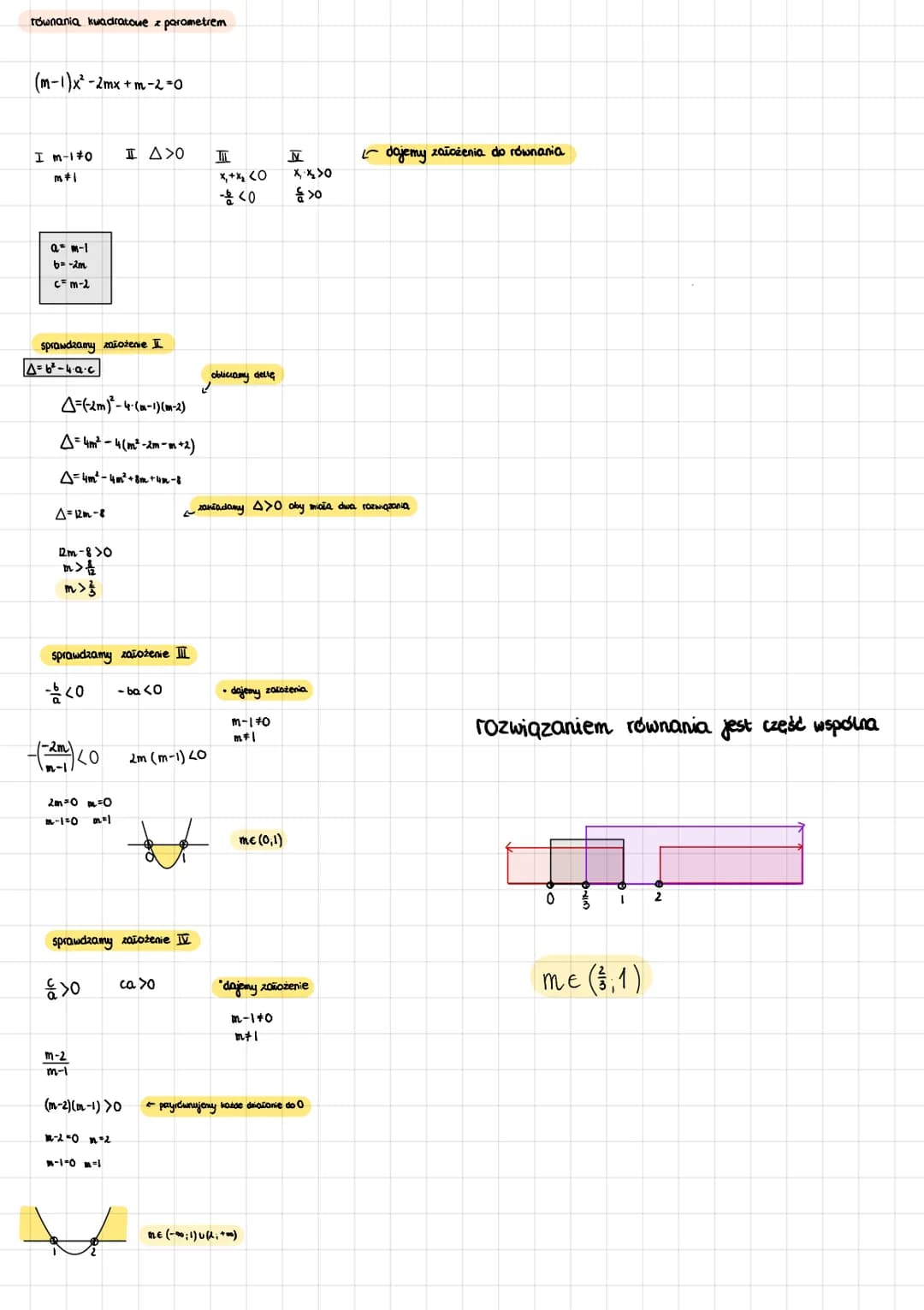 równania kwadratowe z parametrem
(m-1)x² -2mx + m -2=0
I m-10 I A>0
m #1
a= M-1
b= -2m
c=m-2
sprawdzamy założenie I
A=6²-4·a·c
=(-2m)²-4-(m-