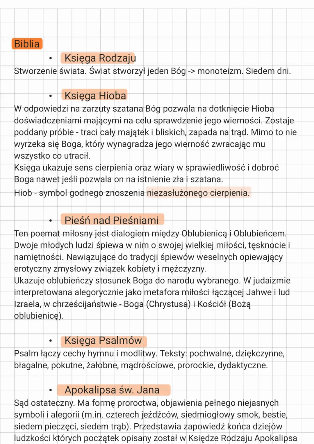 Biblia
Księga Rodzaju
Stworzenie świata. Świat stworzył jeden Bóg -> monoteizm. Siedem dni.
Księga Hioba
W odpowiedzi na zarzuty szatana Bóg