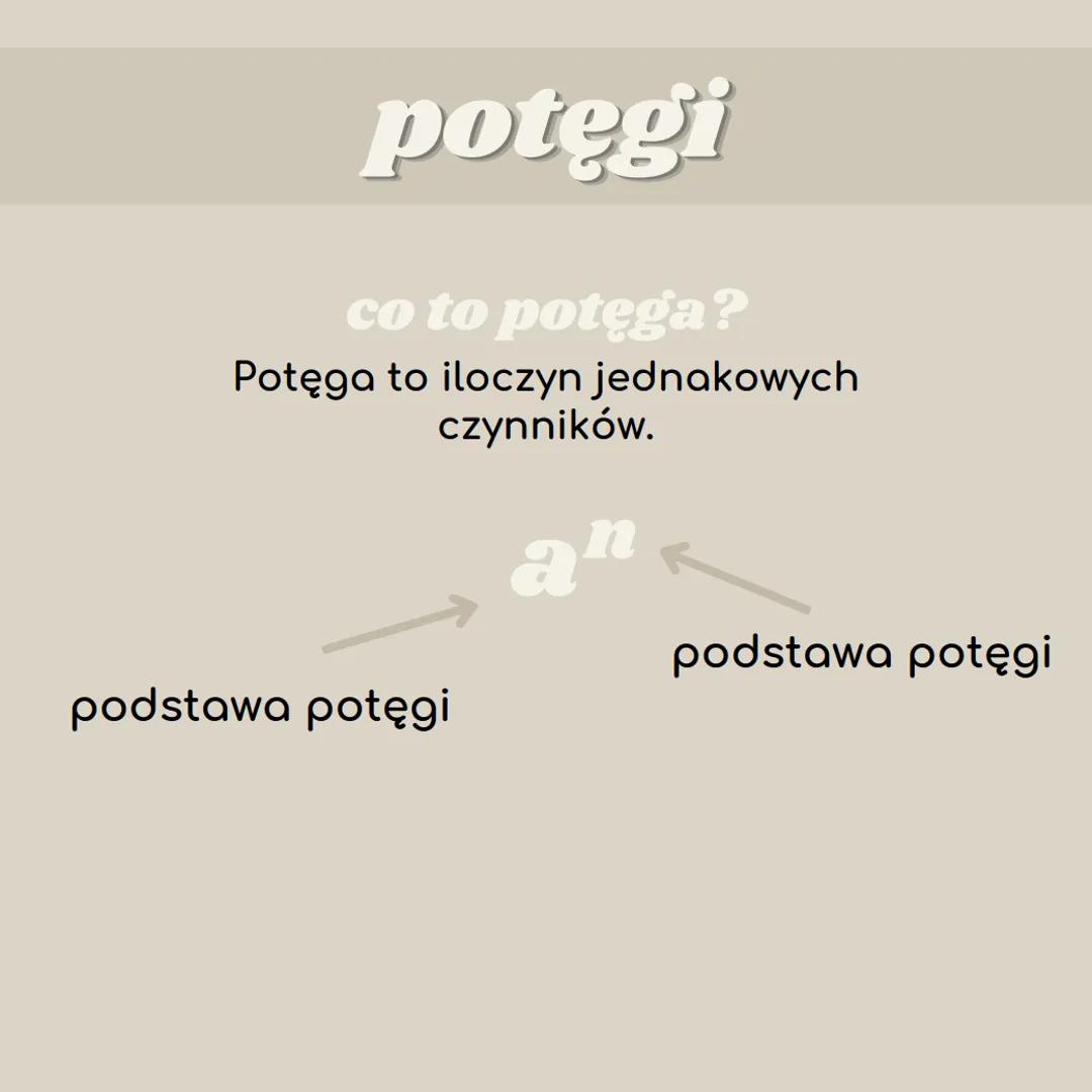 sod potęgi
co to potęga?
Potęga to iloczyn jednakowych
czynników.
an
podstawa potęgi
podstawa potęgi ●
potęgi
własności potęgi
la a#0 i nEN
