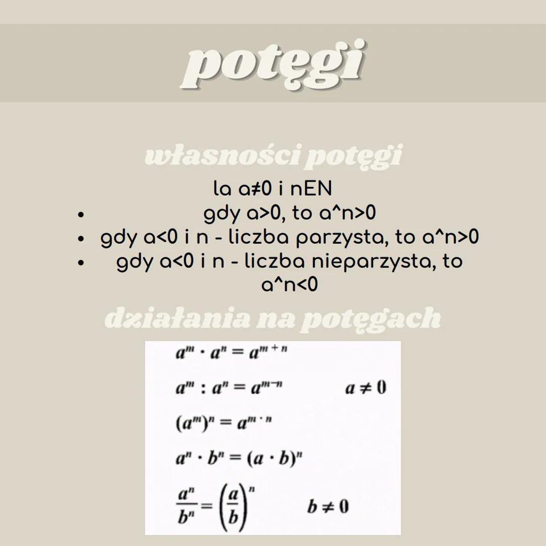 sod potęgi
co to potęga?
Potęga to iloczyn jednakowych
czynników.
an
podstawa potęgi
podstawa potęgi ●
potęgi
własności potęgi
la a#0 i nEN
