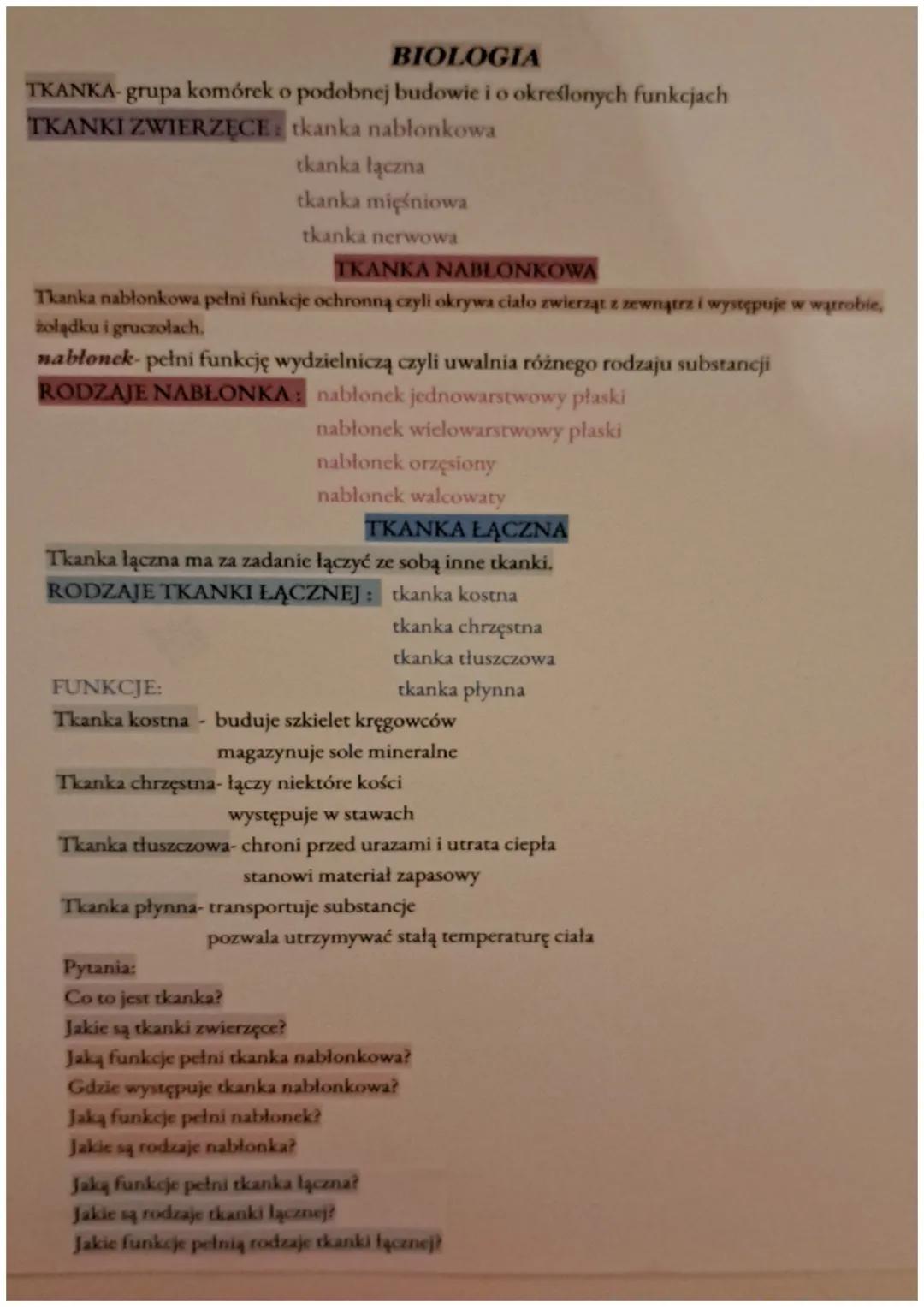 # BIOLOGIA
TKANKA-grupa komórek o podobnej budowie i o określonych funkcjach
TKANKI ZWIERZĘCE: tkanka nabłonkowa
tkanka łączna
tkanka mięśni