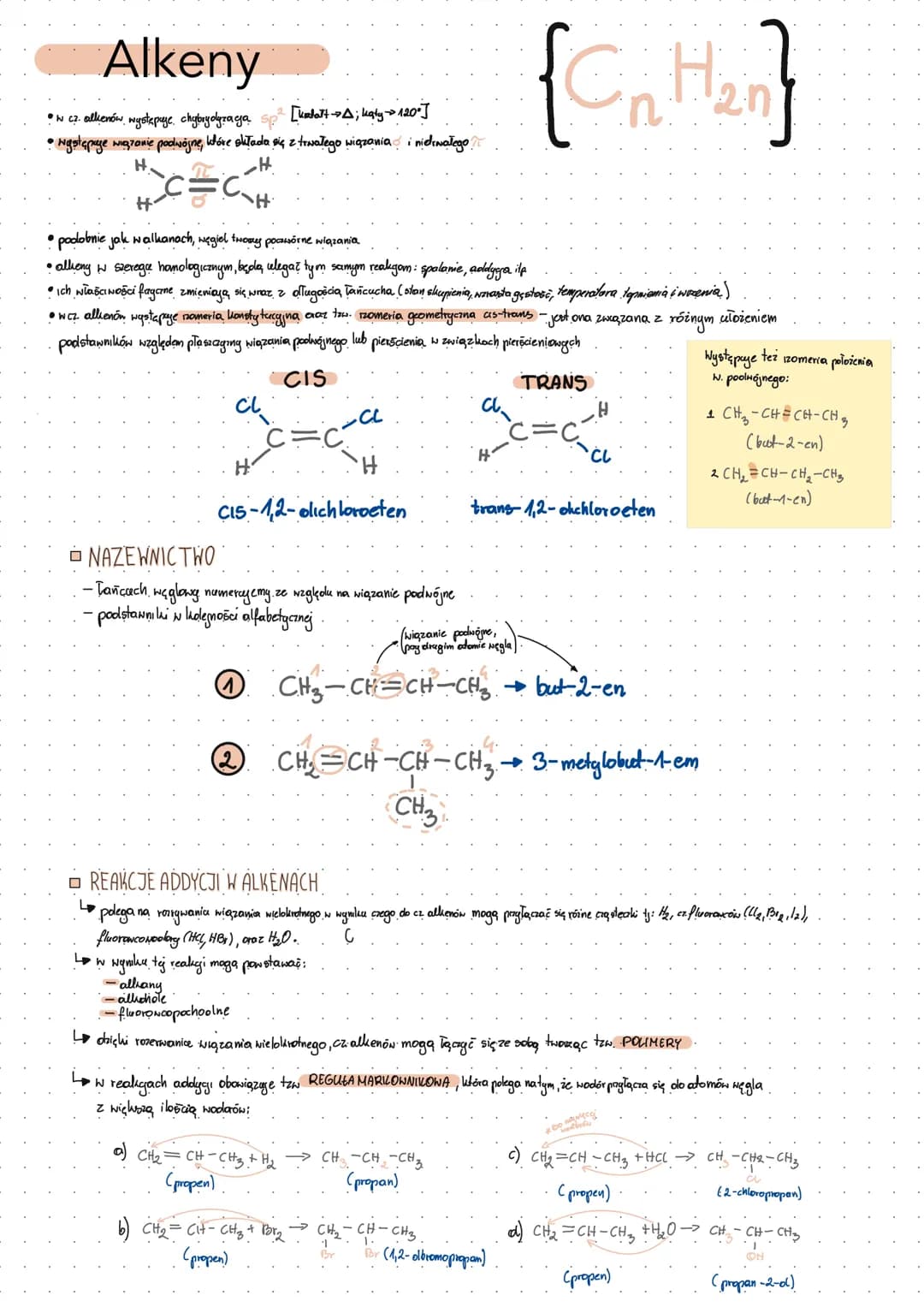 Alkeny
•N C². alkenów występuye, chybrydyzaga
[kalalt A kaly → 120 ]
●
• Występaye wizranie podwojne, kóre składa się z trwałego wiązania i 