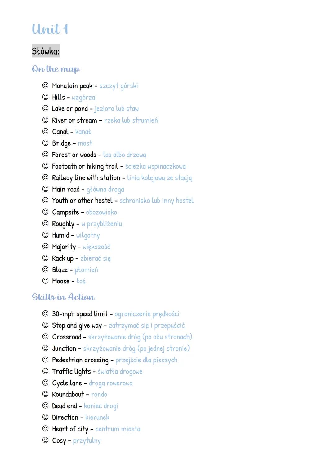 Unit 1
Słówka:
On the map
Monutain peak - szczył górski
ⒸHills - wzgórza
Lake or pond - jezioro lub staw
River or stream - rzeka lub strumie