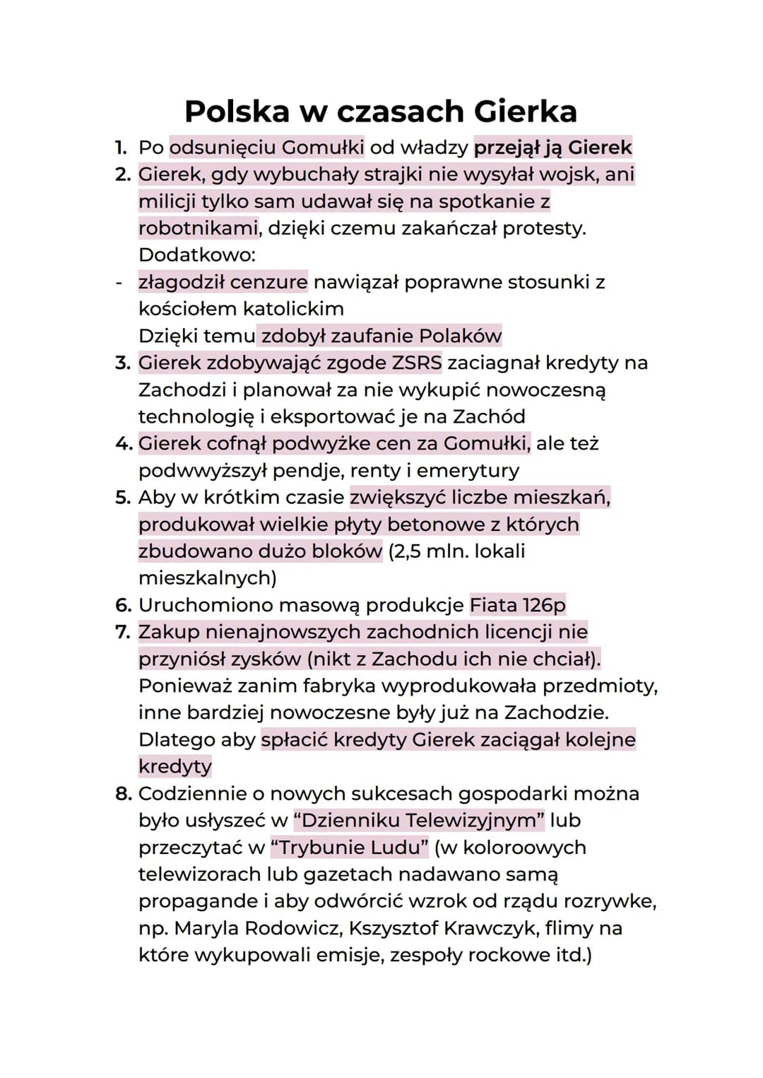 Polska w czasach Gierka
1. Po odsunięciu Gomułki od władzy przejął ją Gierek
2. Gierek, gdy wybuchały strajki nie wysyłał wojsk, ani
milicji