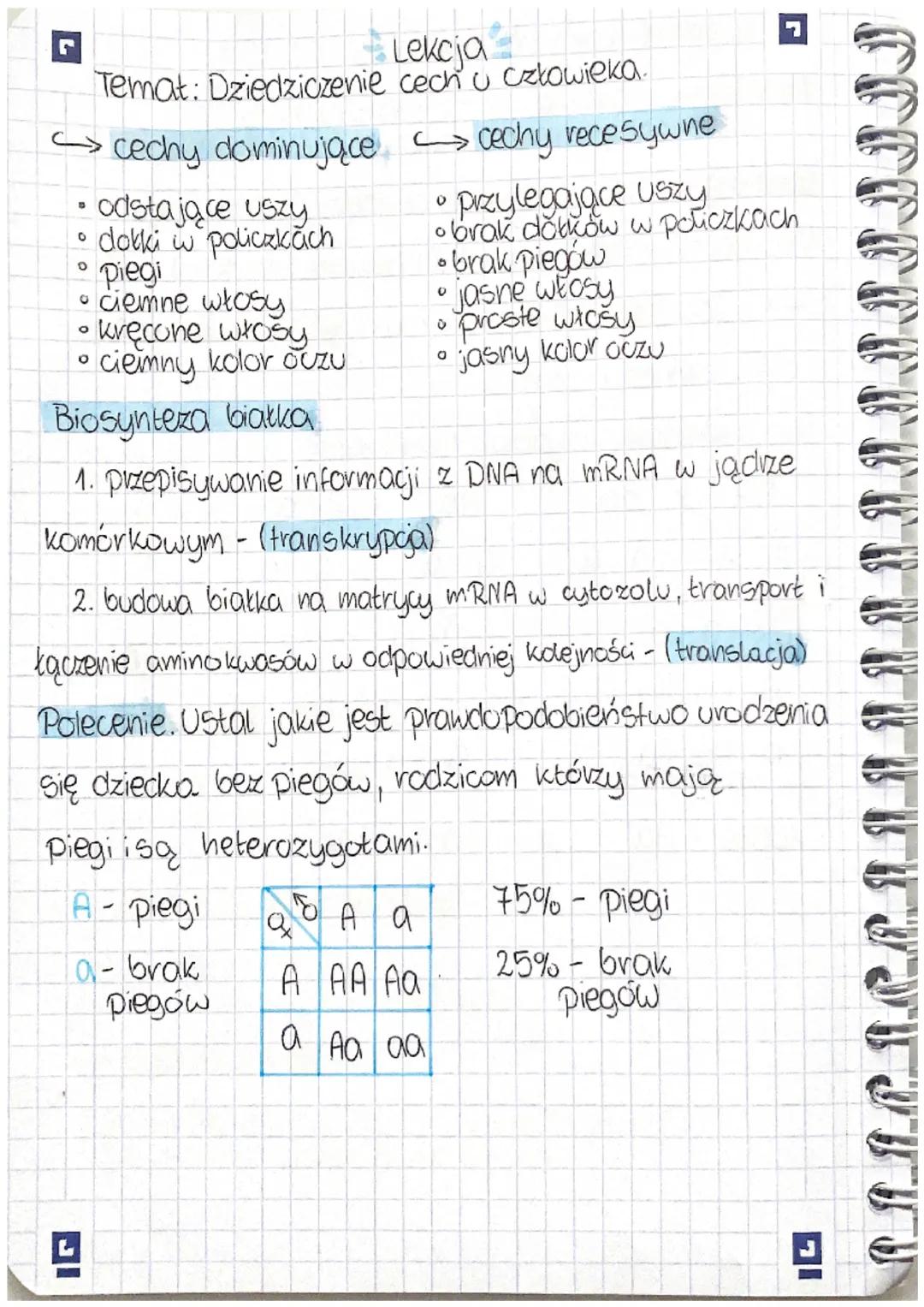 Temat: Dziedziczenie
cechy dominujące
odstające uszy
• dokki w policzkach
0
piegi
• ciemne włosy
• kręcone włosy
ciemny kolor oczu
O
Biosynt