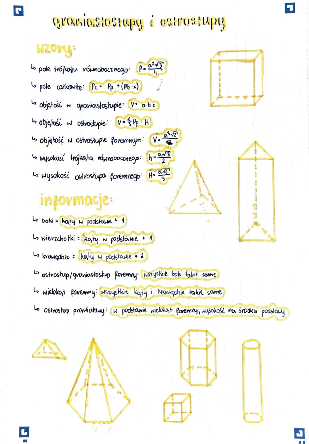graniastostupy i ostrostupy

wzory:
↳ pole trójkału równobocznego: $P. = \frac{a^2\sqrt{3}}{4}$

> pole całkowite: $Pc = Pp + (Pb\cdot x)$

