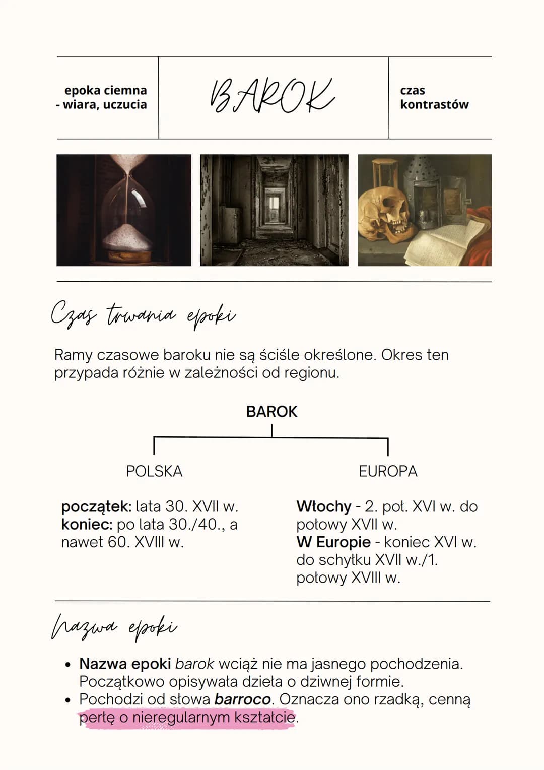 epoka ciemna
- wiara, uczucia
варок
POLSKA
Czas trwania epoki
Ramy czasowe baroku nie są ściśle określone. Okres ten
przypada różnie w zależ
