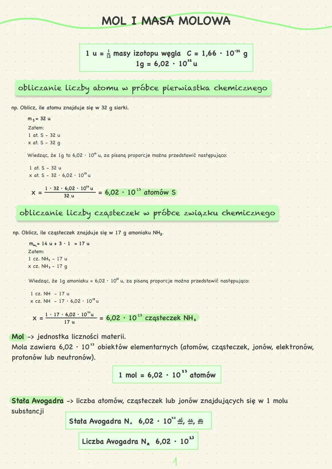 CHEMIA NIEORGANICZNA
IV. Stechiometria. obliczanie liczby atomu w próbce pierwiastka chemicznego
1 at. S - 32 u
x at. S 32 6,02 10" u
X =
1 