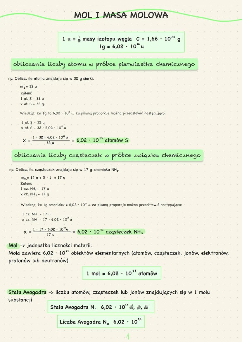 CHEMIA NIEORGANICZNA
IV. Stechiometria. obliczanie liczby atomu w próbce pierwiastka chemicznego
1 at. S - 32 u
x at. S 32 6,02 10" u
X =
1 