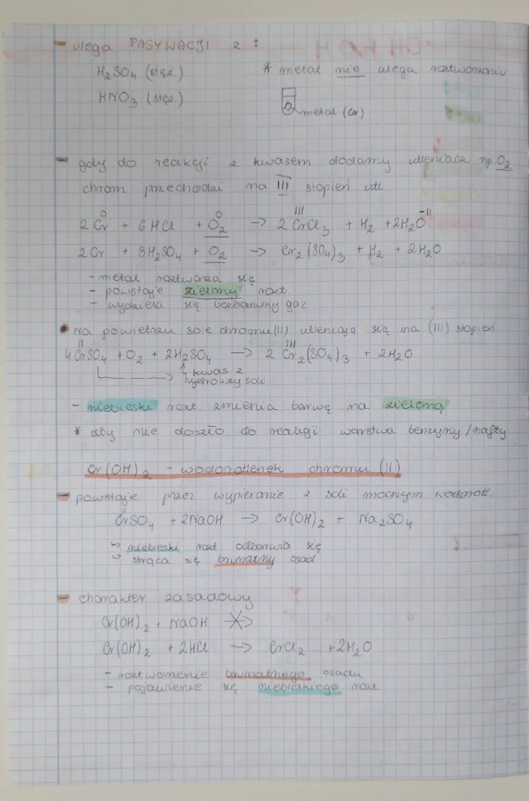--- OCR Start ---
CHROM
Cr 2+
miebieski noatwor
Cr 3+
szarzielony zielony raat.
Cr(OH)2 brumatny osad
2-
Cr(OH)3 szarazielony / zielony osad