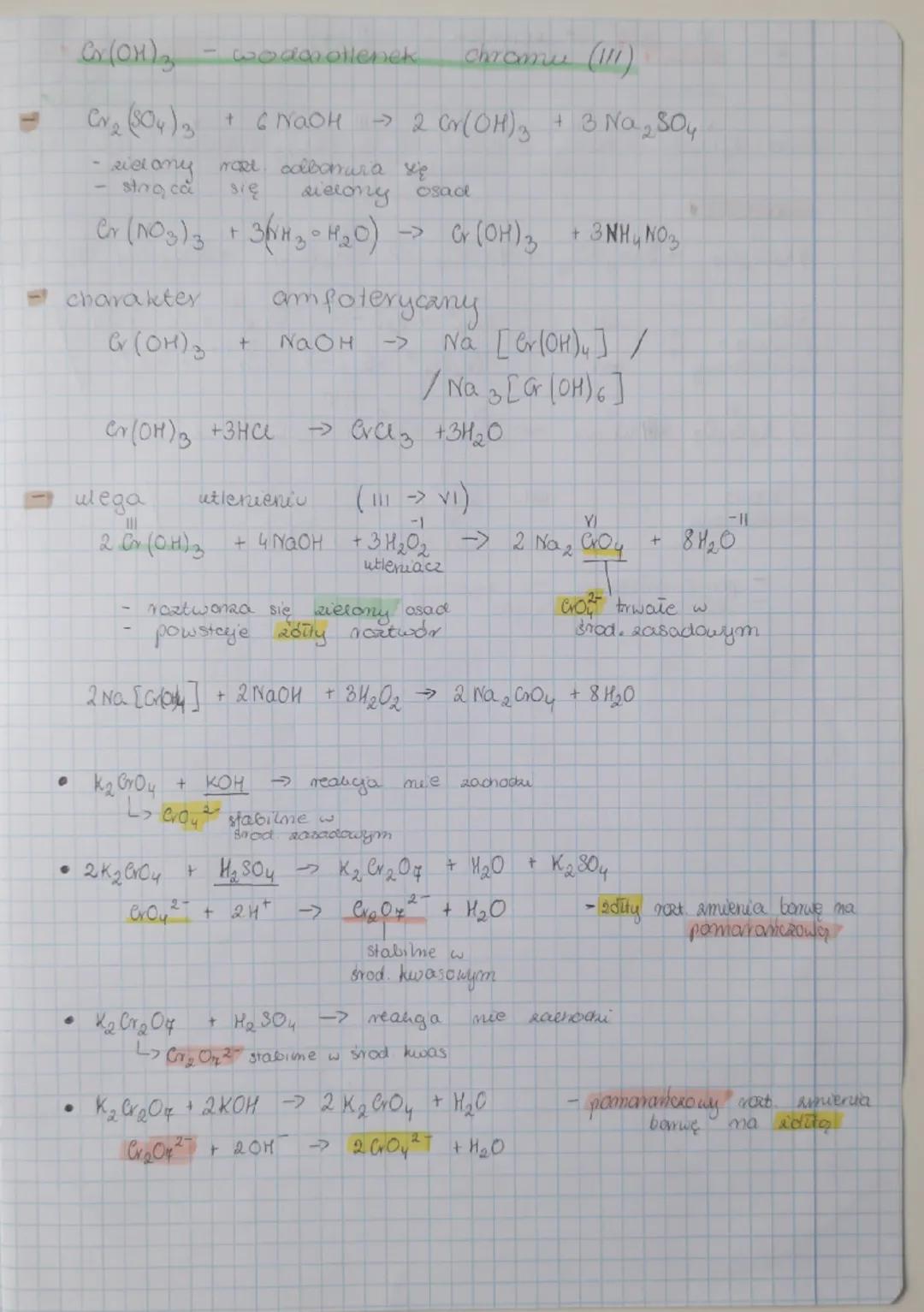 --- OCR Start ---
CHROM
Cr 2+
miebieski noatwor
Cr 3+
szarzielony zielony raat.
Cr(OH)2 brumatny osad
2-
Cr(OH)3 szarazielony / zielony osad