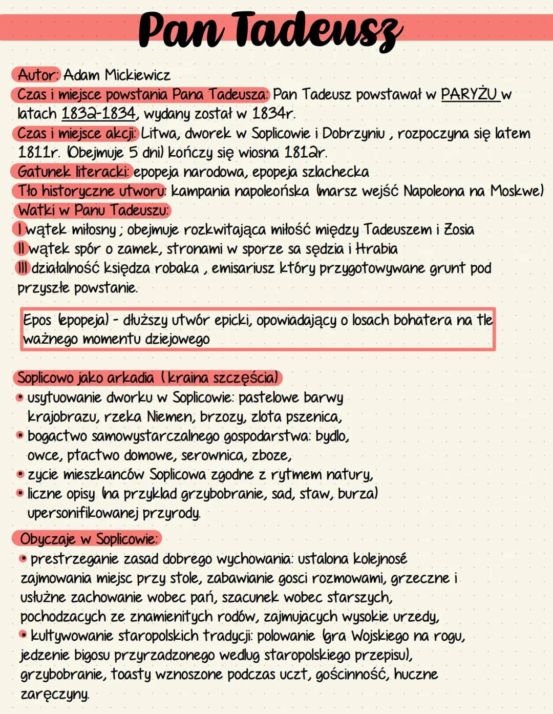 Pan Tadeusz
Autor: Adam Mickiewicz
Czas i miejsce powstania Pana Tadeusza: Pan Tadeusz powstawał w PARYŻU w
latach 1832-1834, wydany został 