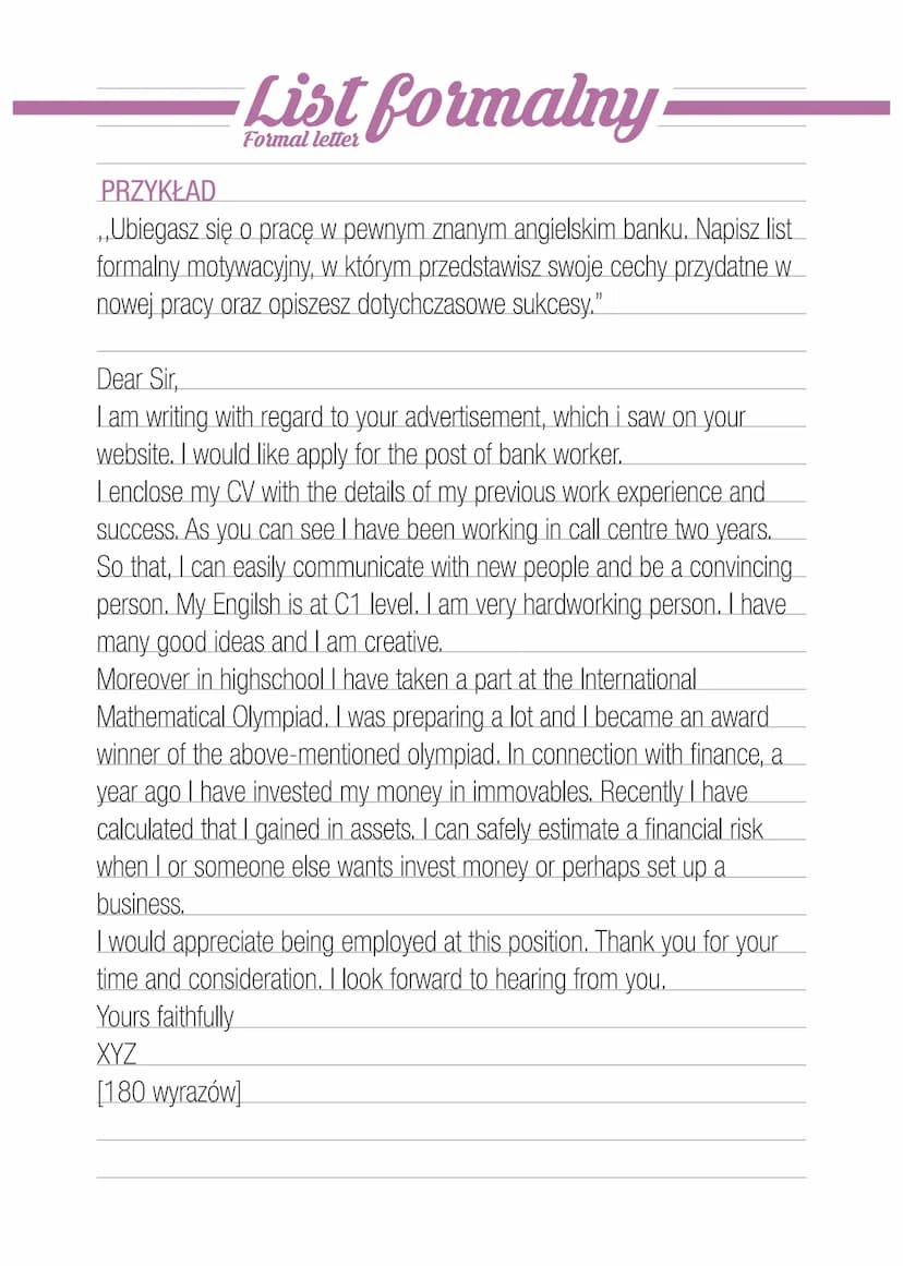 List formalny
Formal letter
BUDOWA
list:
a) zwrot grzecznościowy rozpoczynający
Dear Sir or Madam <--- Yours faithfully pożegnanie
Dear Mr J