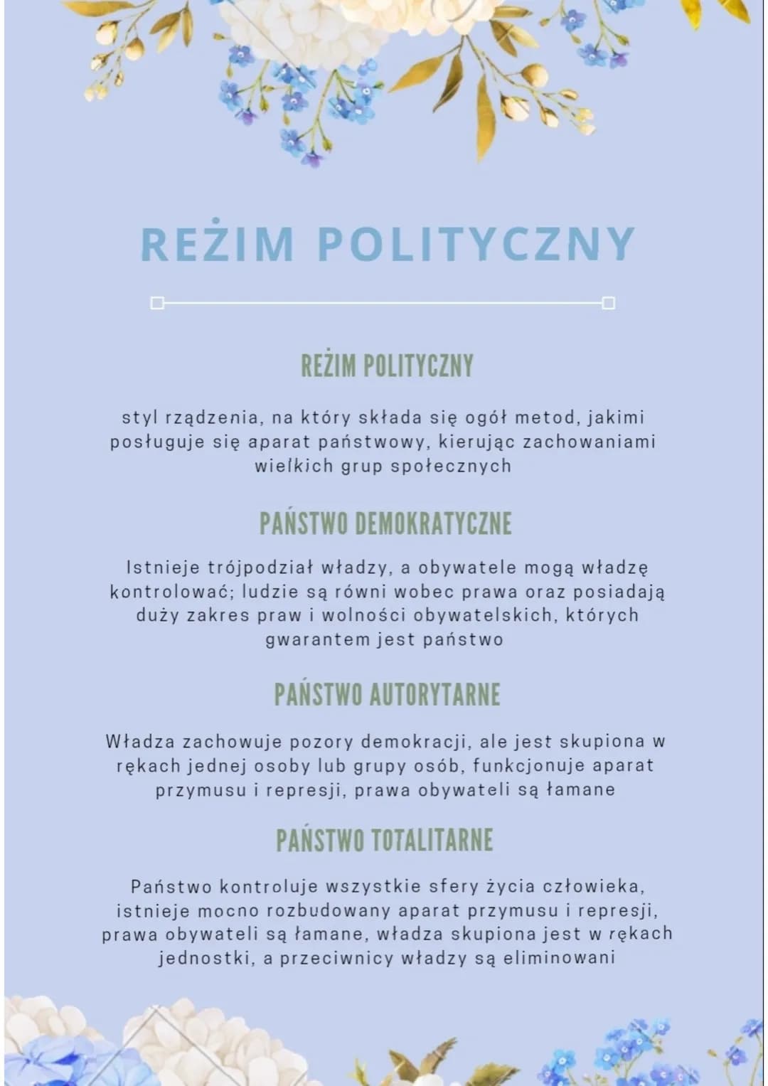 REŽIM POLITYCZNY
REŽIM POLITYCZNY
styl rządzenia, na który składa się ogół metod, jakimi
posługuje się aparat państwowy, kierując zachowania