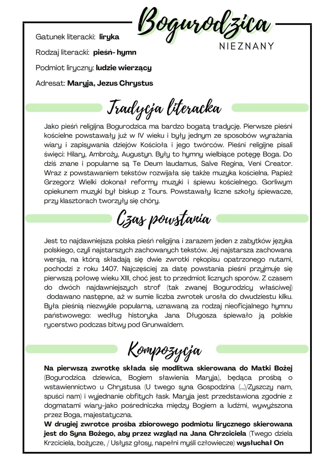 
<h2 id="gatunekliterackiliryka">Gatunek literacki: liryka</h2>
<p>Bogurodzica to pieśń-hymn, napisana w formie liryki. Jest to utwór litera