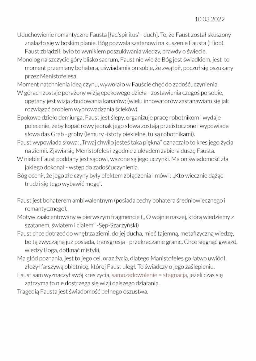 LEKCJA
Temat: Cierpienie kobiety w „Fauście".
10.03.2022
Faust - mędrzec, alchemik, zajmuje się nauką i magią. Bohater ma cechy Prometeusza

