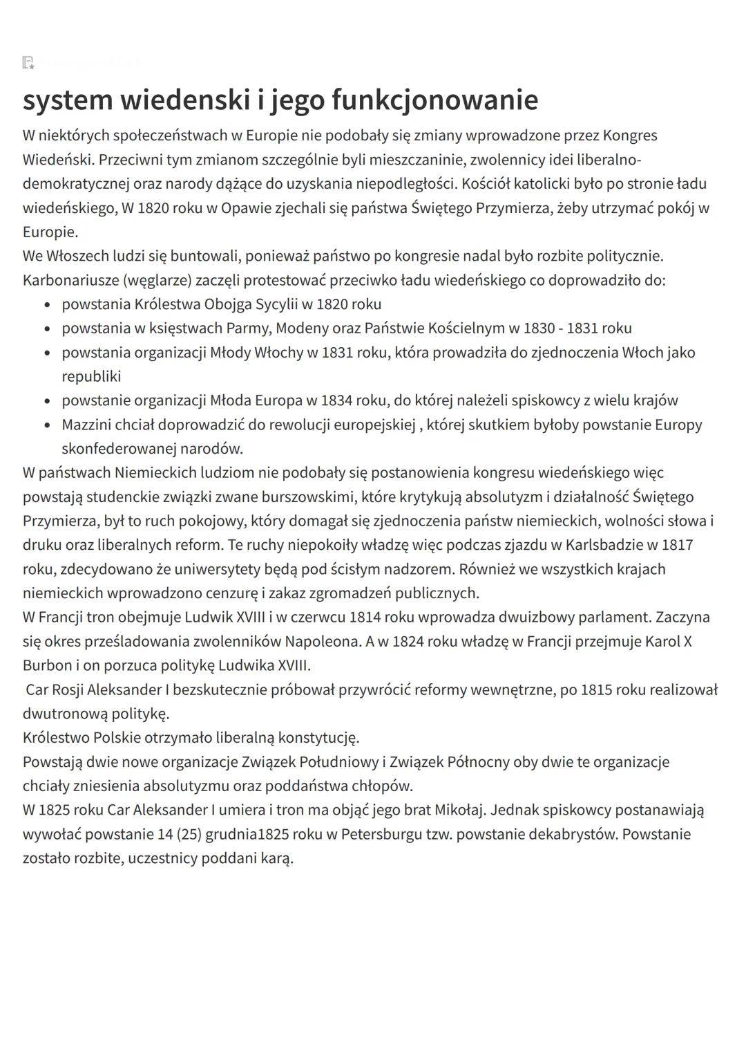 P
system wiedenski i jego funkcjonowanie
W niektórych społeczeństwach w Europie nie podobały się zmiany wprowadzone przez Kongres
Wiedeński.